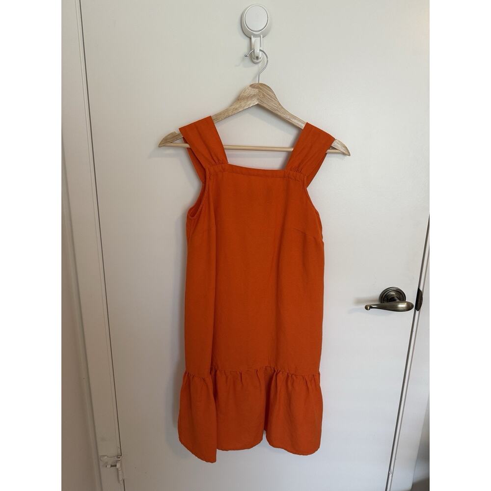Loft Orange Linen Blend Dress XXS Petite Square Neck Sleeveless Ruffle Hem
